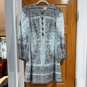 Zimmermann Light Blue & Patterned Long Sleeve linen dress with key holes